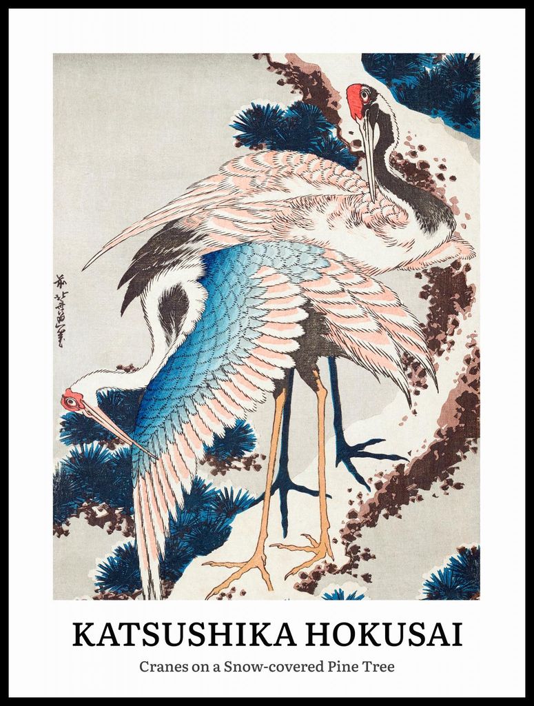 Plakat 60x80cm Design Kraniche im Schnee, Hokusai Vintage für das Wohnzimmer