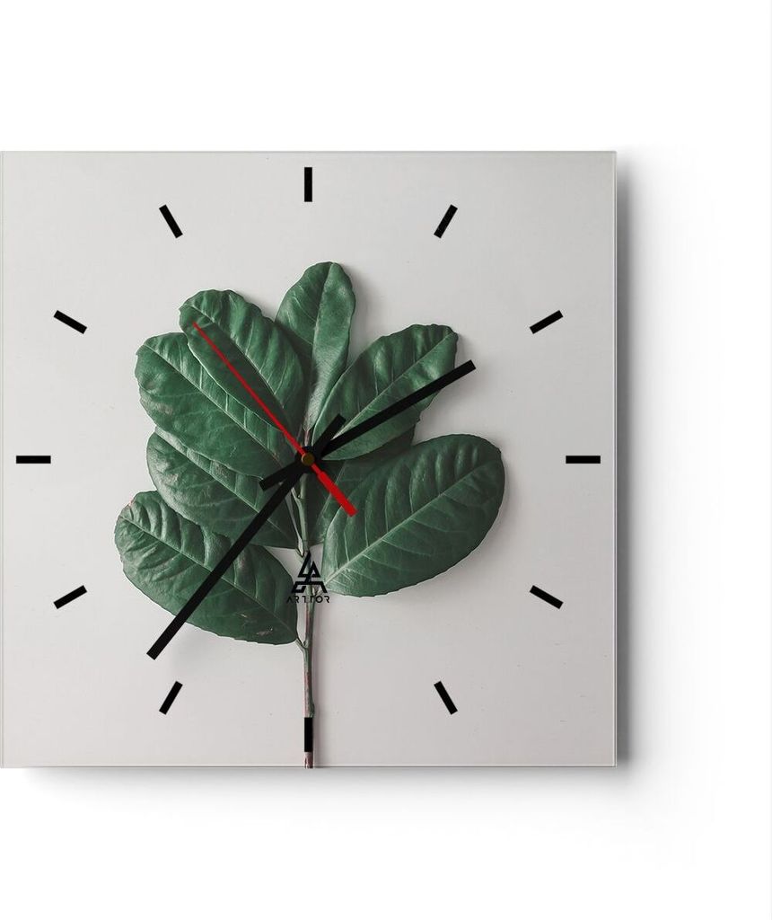 Wanduhr - Quadrat - Glasuhr - Blätter Pflanzen Botanik - 30x30cm - Schleichendes Uhrwerk - Lautlos - zum Aufhängen bereit - Dekoration Modern - W...