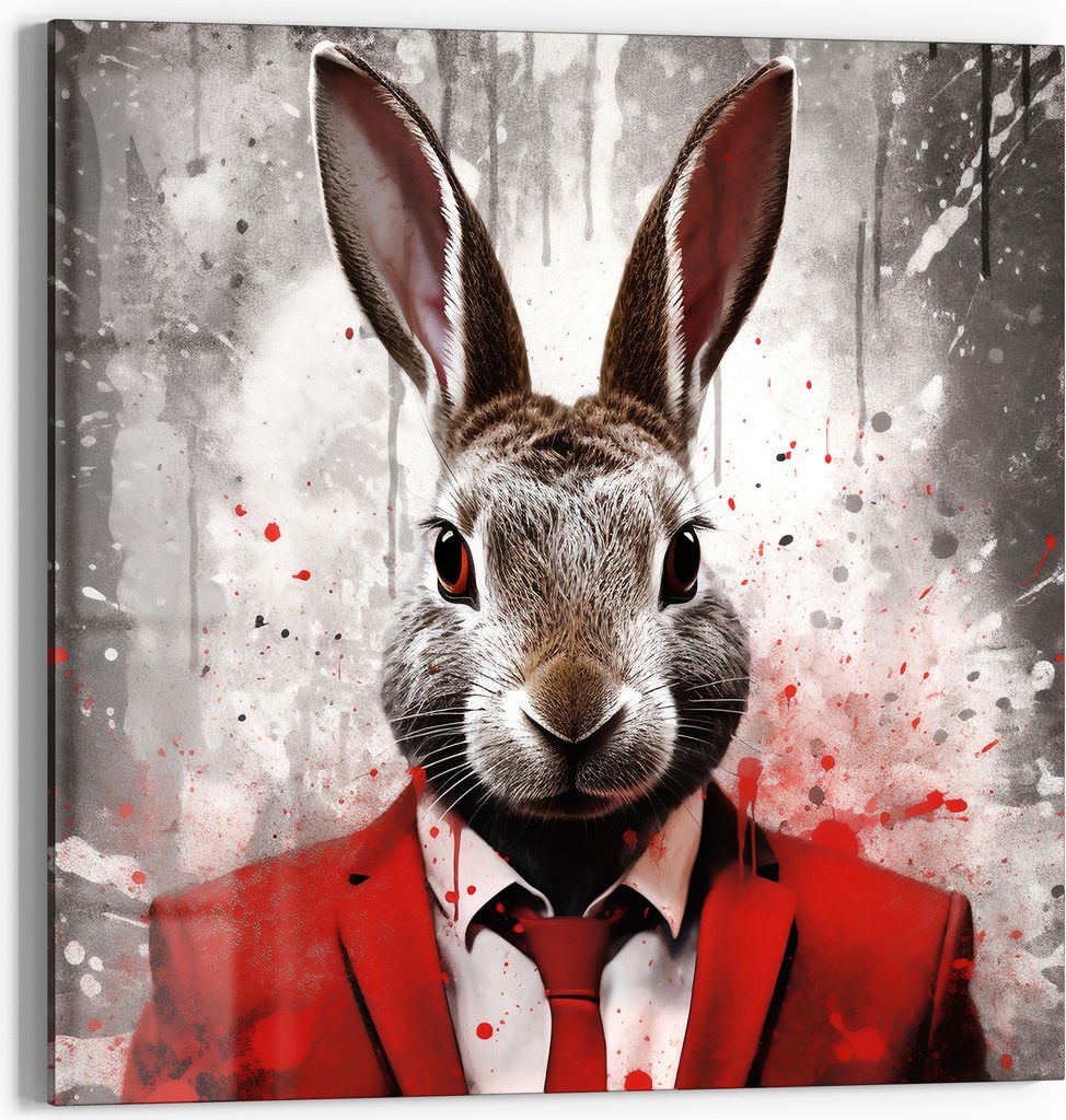DEQOART Glasbild Echtglas 30x30 cm 'Eleganter Hase in Rot' Wandbild Bild modern Deko