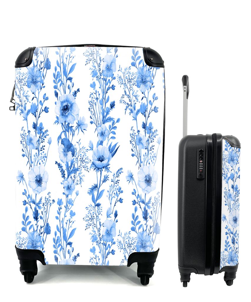 MuchoWow Koffer Handgepäck Trolley Rollkoffer Kleine Reisekoffer mit 4 Rollen - Blumen - Anemone - Blau - Muster - Cabin Size < 55x40x23 cm & 55...