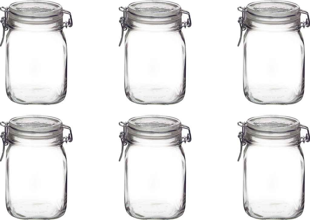 Six clear glass jars with silver lids are arranged in two rows of three on a white background.