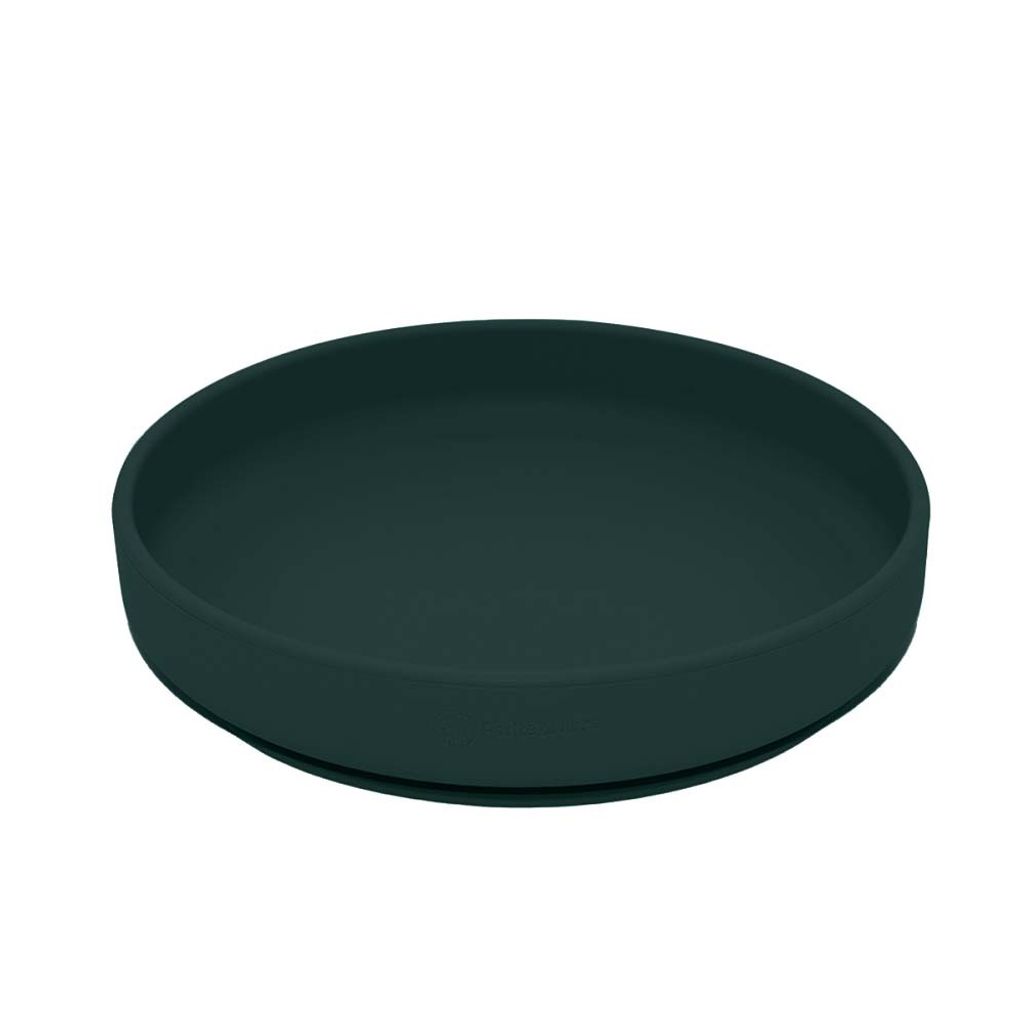 A dark green silicone plate with a suction base, shown from a slightly elevated side angle on a white background.