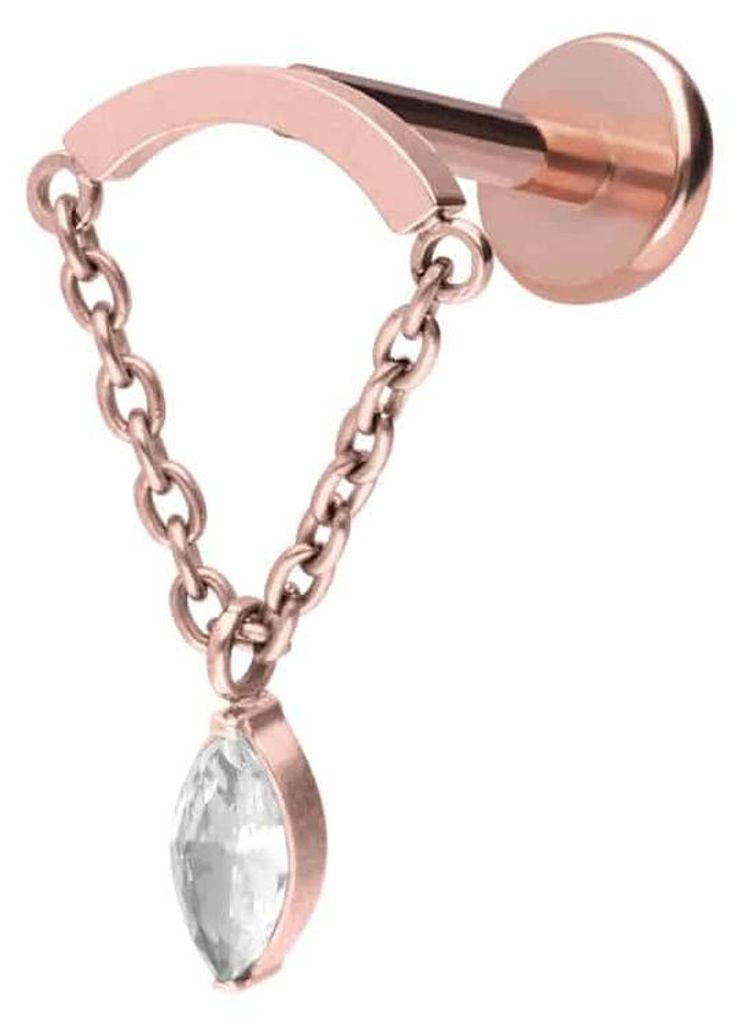 Ohrpiercing, Nasenpiercing Titan Labret mit Push Fit BOGEN + KETTE + KRISTALLTROPFEN RoséGold Stablänge: 10mm | Stabstärke: 1mm | Discgröße: 1...