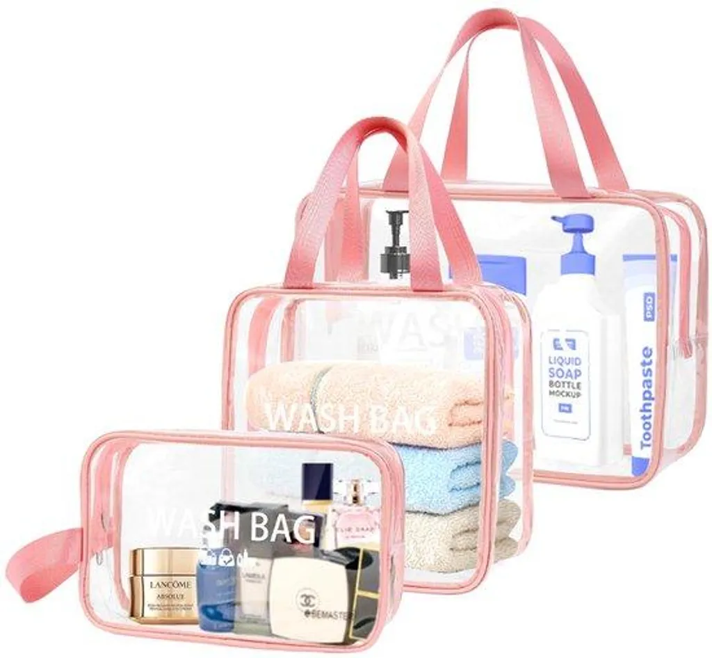 Trousse de toilette transparente rose (lot de 3) pour cabine d'avion