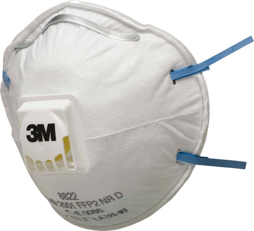 A white respirator mask with a blue strap and a white valve with a black 3M logo.