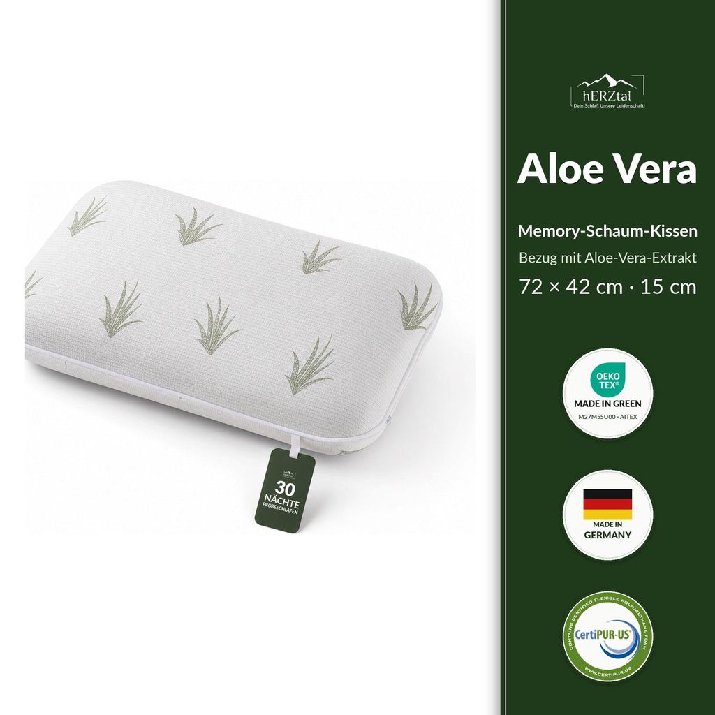 hERZtal Aloe Vera Memory-Schaum Kissen 80x40x15cm Produktbild 