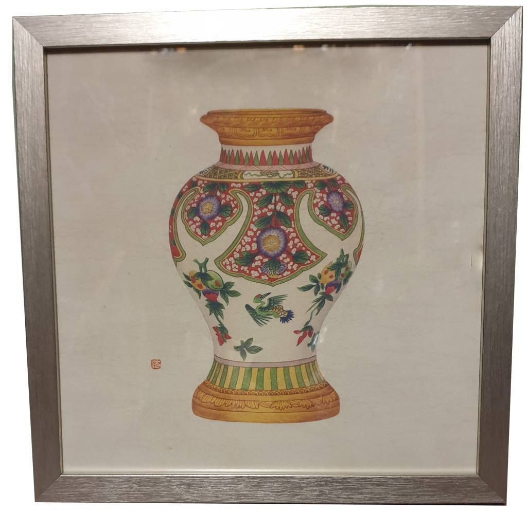 Fine Asianliving Chinesische Malerei mit Rahmen Chinesische Porzellanvase Obst B35xT3xH35cm Dekorative Vase Blumenvase Orientalische Keramik Vase D...