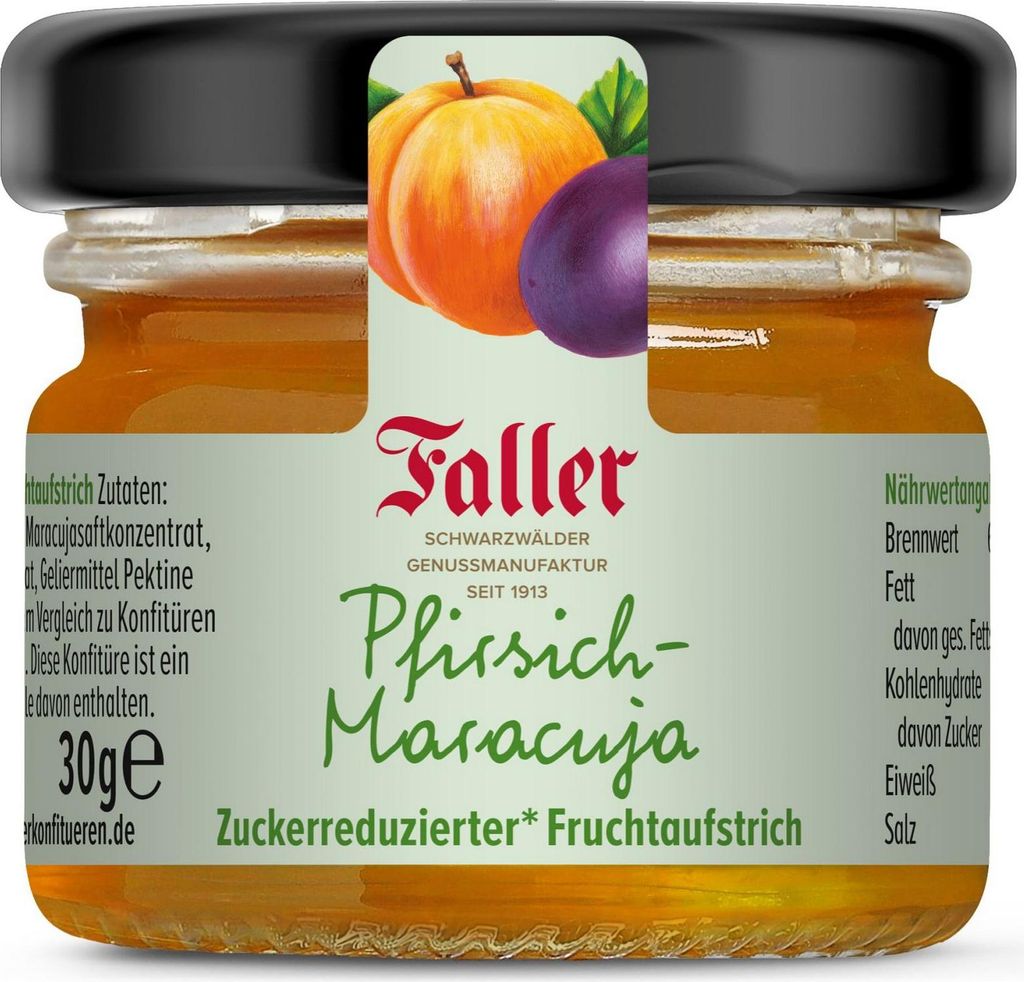 60x FALLER Pfirsich-Maracuja-Konfitüre (feine Marmelade , je Glas 30 g)