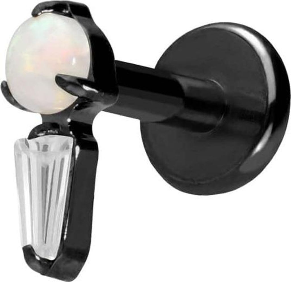 Ohrpiercing, Nasenpiercing Titan Labret mit Push Fit SYNTHETISCHER OPAL + KRISTALLRECHTECK Schwarz Stablänge: 5mm | Stabstärke: 1,2mm