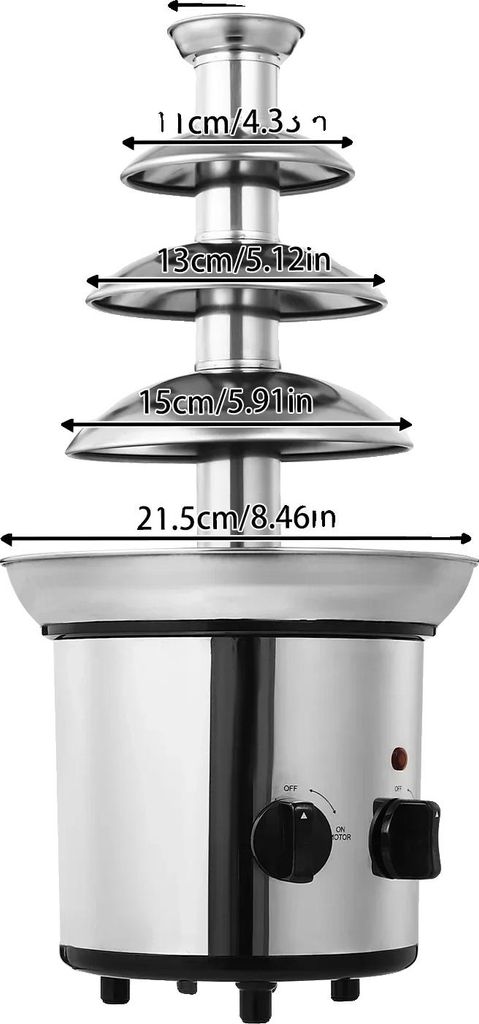 A stainless steel chocolate fountain with size measurements indicated.