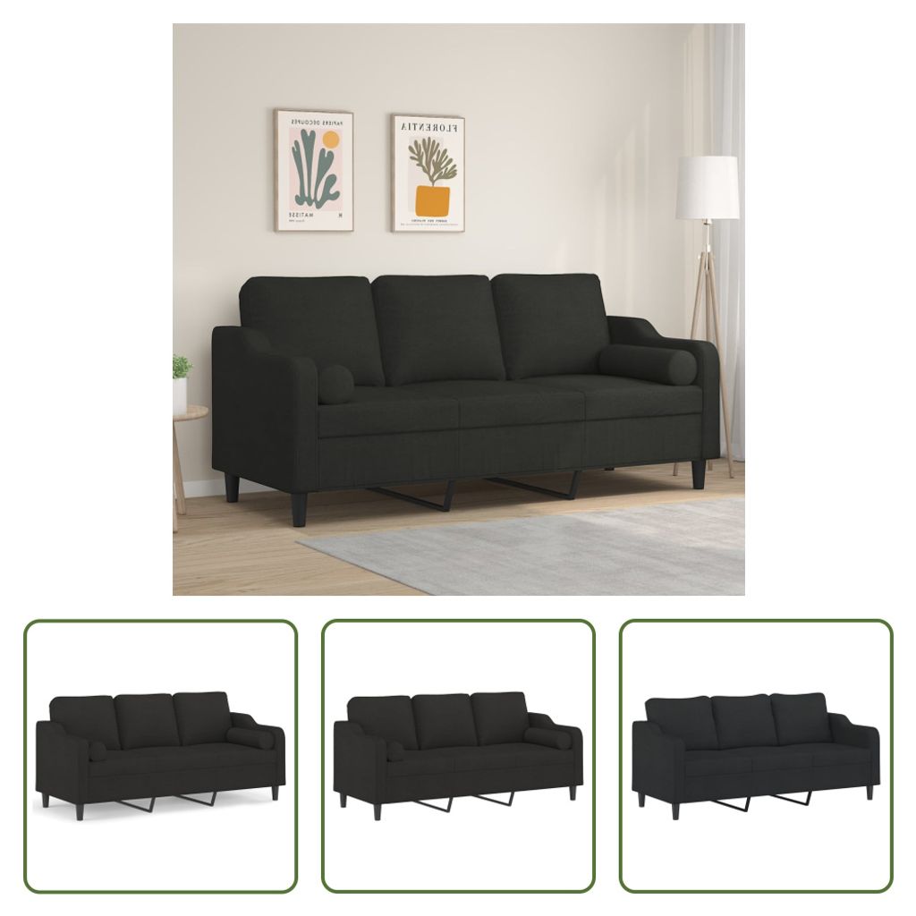 The Living Store 3-Sitzer-Sofa mit Zierkissen Schwarz 180 cm Stoff
