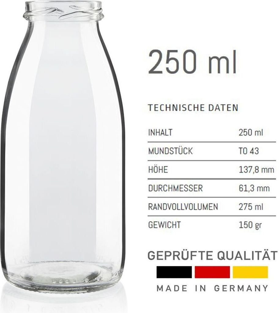 6x 1-Liter Glas-Milchflaschen Mit Gingham-Deckel – Luftdicht, BPA-frei, Spülmaschinengeeignet (nur Flasche)