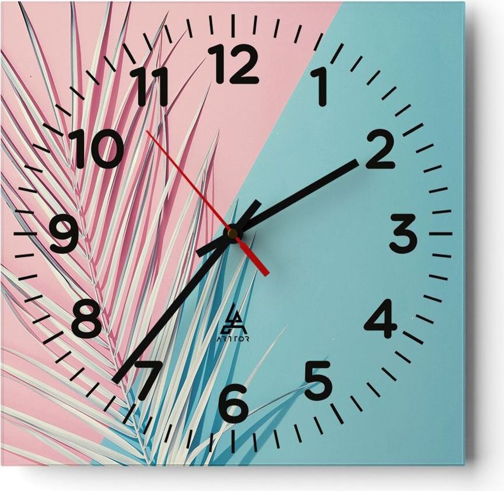 Wanduhr - Quadrat - Glasuhr - Blatt Rosa Türkis - 30x30cm - Schleichendes Uhrwerk - Lautlos - zum Aufhängen bereit - Dekoration Modern - Wanddeko...