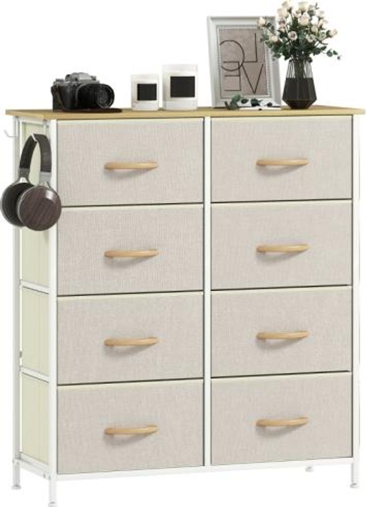 Beige Schlafzimmer Kommode 86x30x94cm 8 Stoffschubladen Stahlstreben Holzoberflaeche 4 Aufbewahrungstaschen Vitrine Aufbewahrungsschrank Lagerschrank