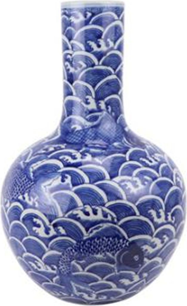 Fine Asianliving Chinesische Vase Porzellan Handbemalter Koi Blau Weiß D28xH43cm Dekorative Vase Blumenvase Orientalische Keramik Vase Dekoration ...