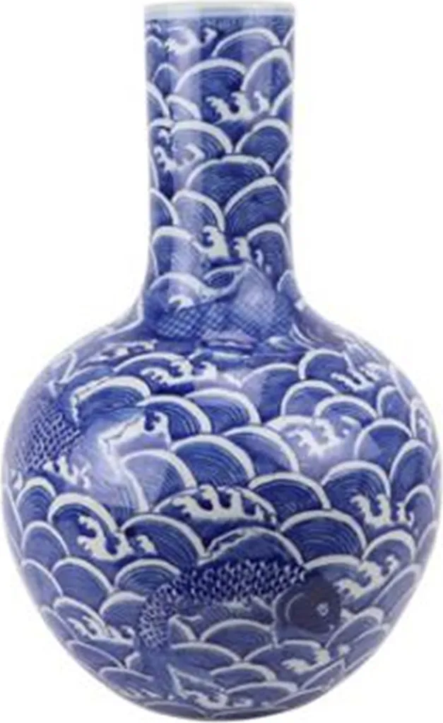 Vase en Porcelaine Peint à la Main Style Dynastie Ming Bleu Blanc H43