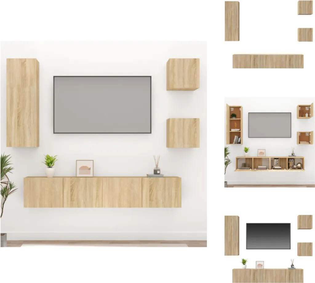Meuble TV Suspendu 5 Pièces en Bois Chêne Sonoma Finition Mate Lisse