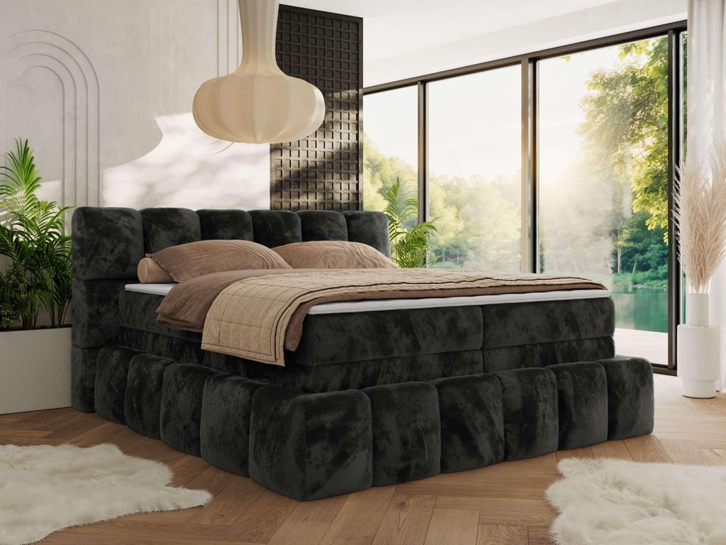 MKS MEBLE Boxspringbett 120 x 200 mit bettkasten NIRA KING, Polsterbett 7 Zonen Multipocket-Matratze und Topper, Doppelbett - Dunkelgrau Plüsch - H3