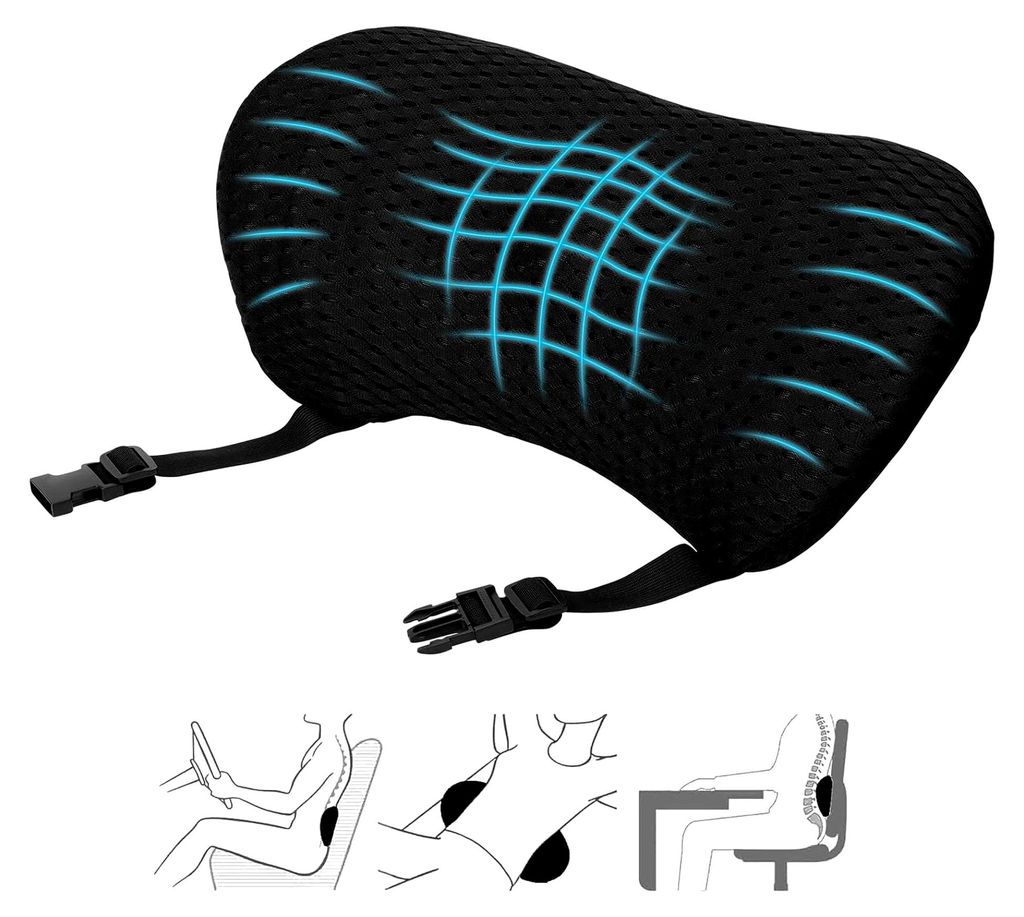 Lendenkissen, Ergonomisches Lendenwirbelkissen mit Verstellbarem Gurt, Memory Foam Rückenkissen für Bürostuhl und Autositz, Schwarz