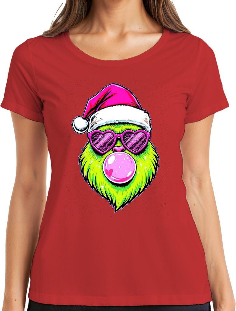 Grinch Weihnachten Bubblegum Herzbrille Neon Kawaii Santa PopArt Damen T-Shirt, Rot, L