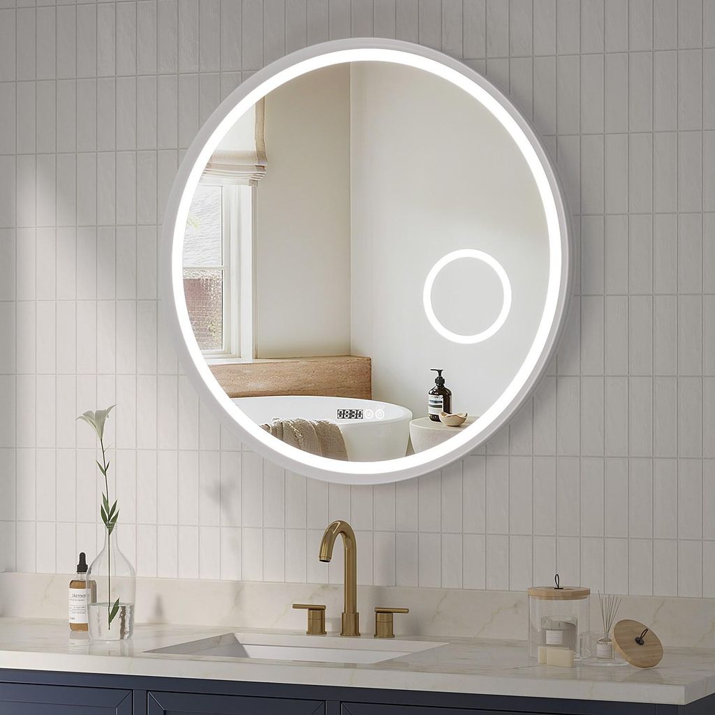Runder Spiegel Wandspiegel LED Badezimmerspiegel Bad LED Dekorspiegel Dimmbare Badspiegel mit Mattweißer Aluminiumrahmen Antibeschlag 3-facher Ver...
