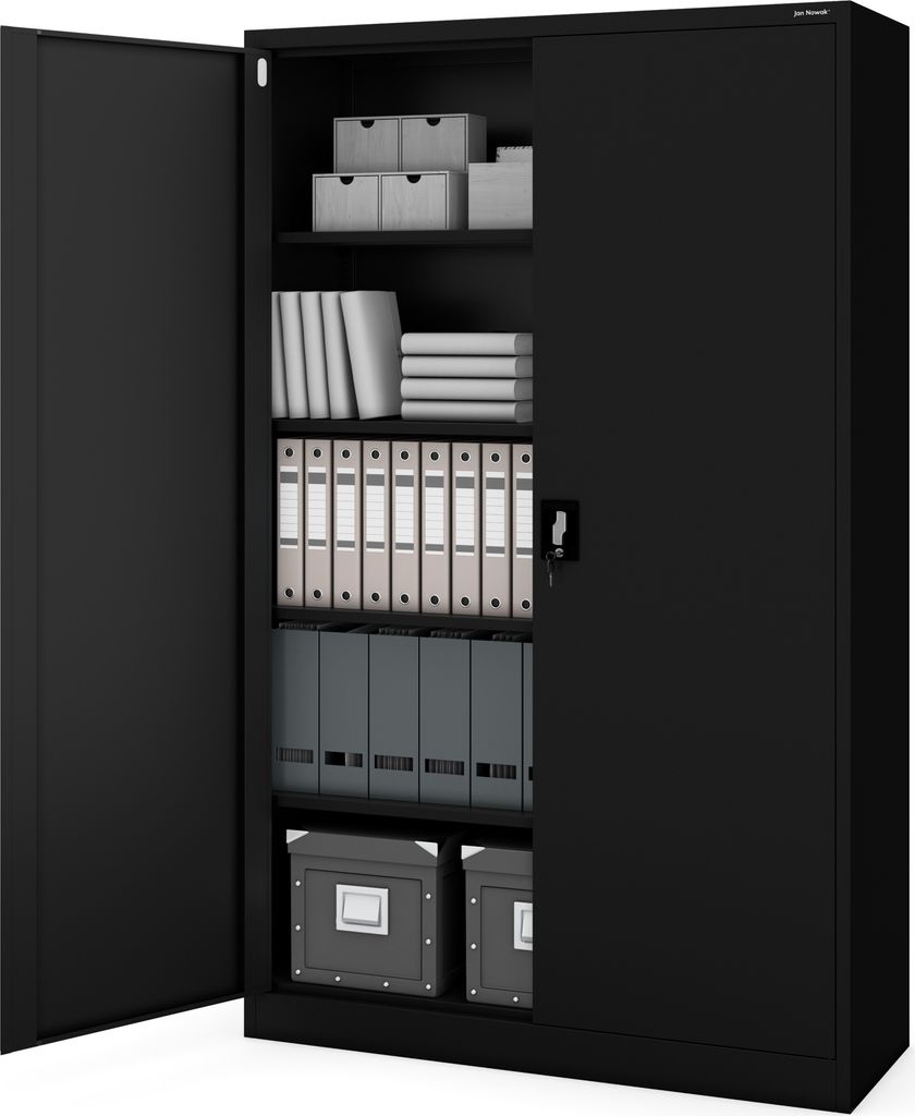 An open black metal filing cabinet filled with office supplies.