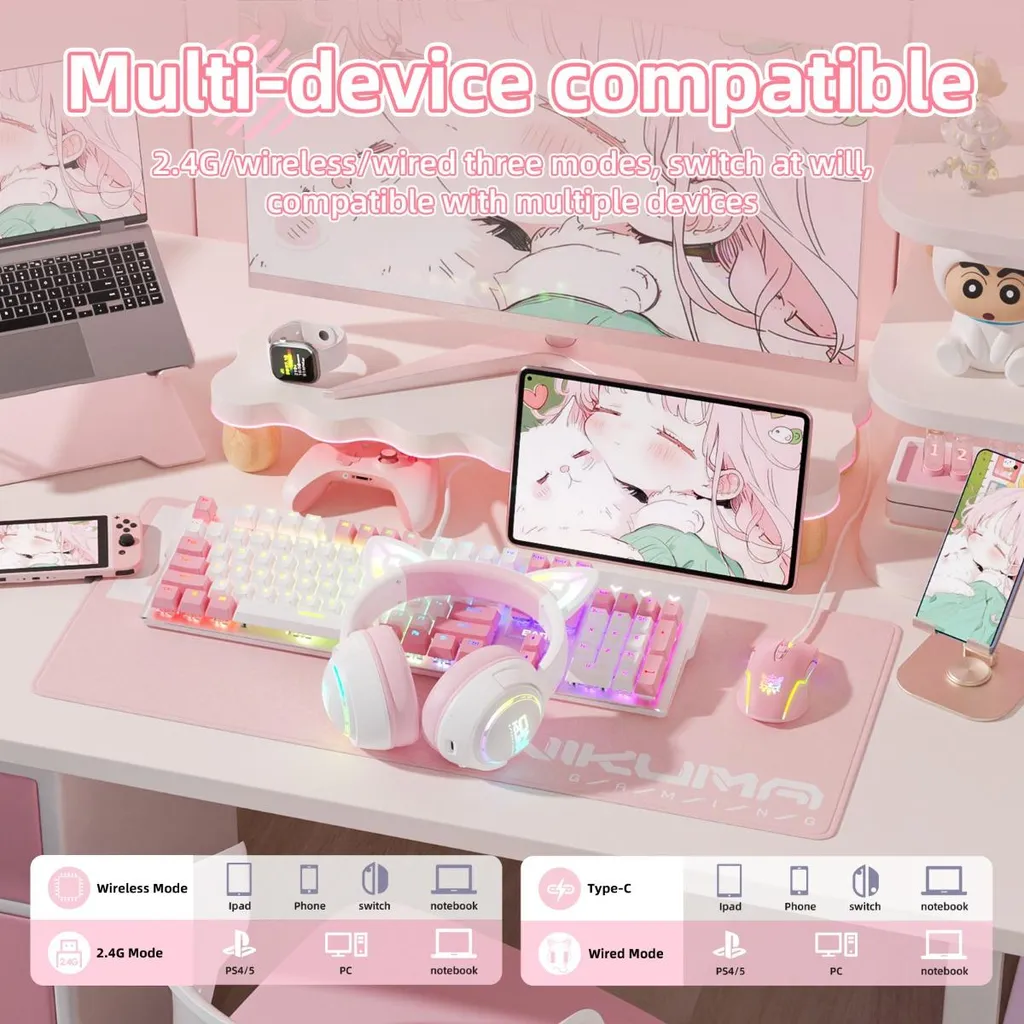 Micro-casque gamer over-ear rose blanc INF compatible PC et mobile - 3