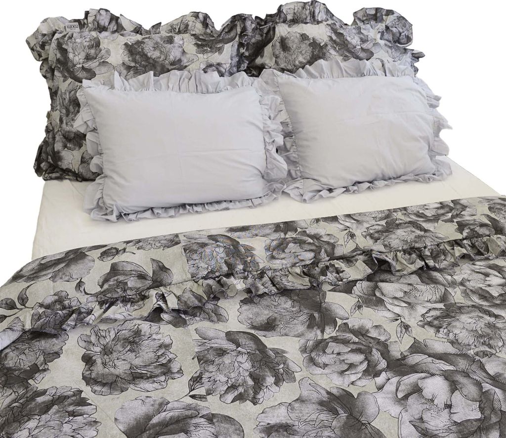 Baumwolle Bettwäsche Mit Rüschen Set Schlafzimmer Bettdeckenbezug 160X200 Cm + 4 Kissenbezüge Grau Blumen