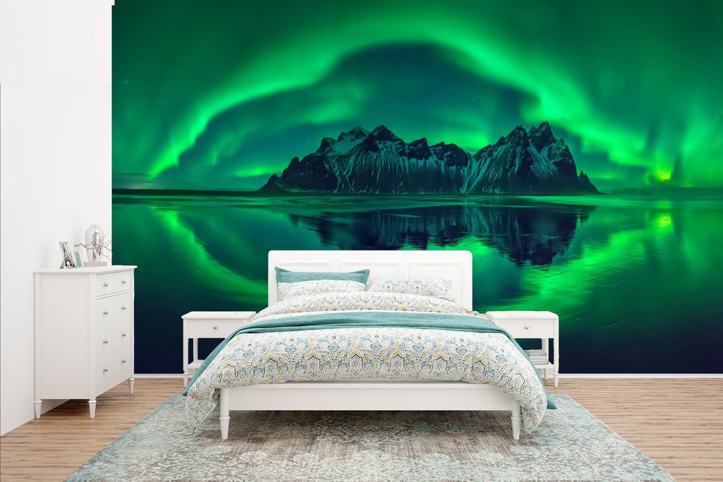 MuchoWow Fototapete für Wohnzimmer oder Schlafzimmer Wandtapete Vinyl Motivtapete Nordlichter - Steine - Strand - Island - 435x260 cm - Kinderzi...