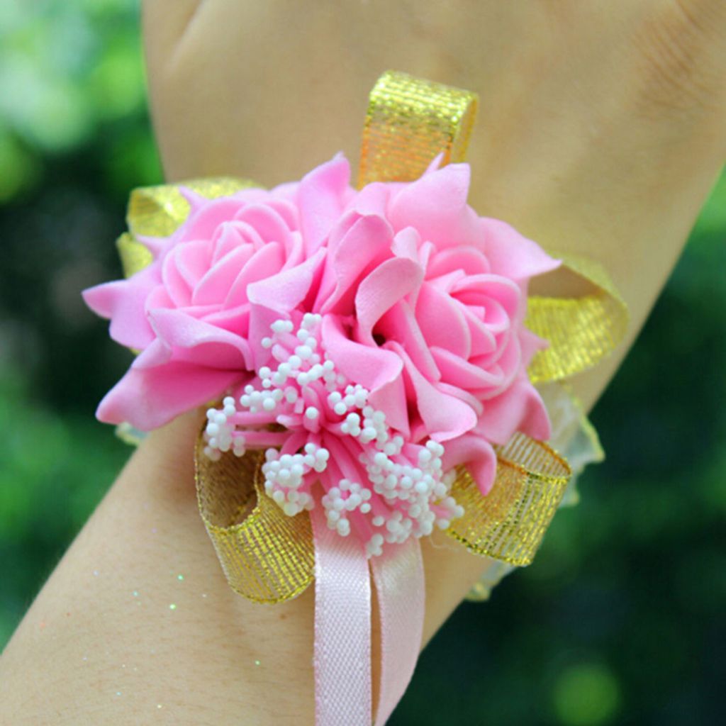 Schaumrosenblüten Brautbrautjungfern Handgelenk Corsage Hochzeitsfeier Ribbon Armband-Rosa