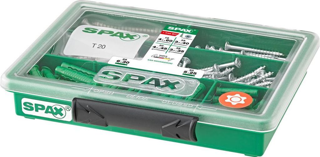 SPAX Sortiment klein, Schrauben-Set mit 4 Abmessungen + Dübel, 160 Stück, Senkkopf, T-STAR plus, WIROX, 4000001991179