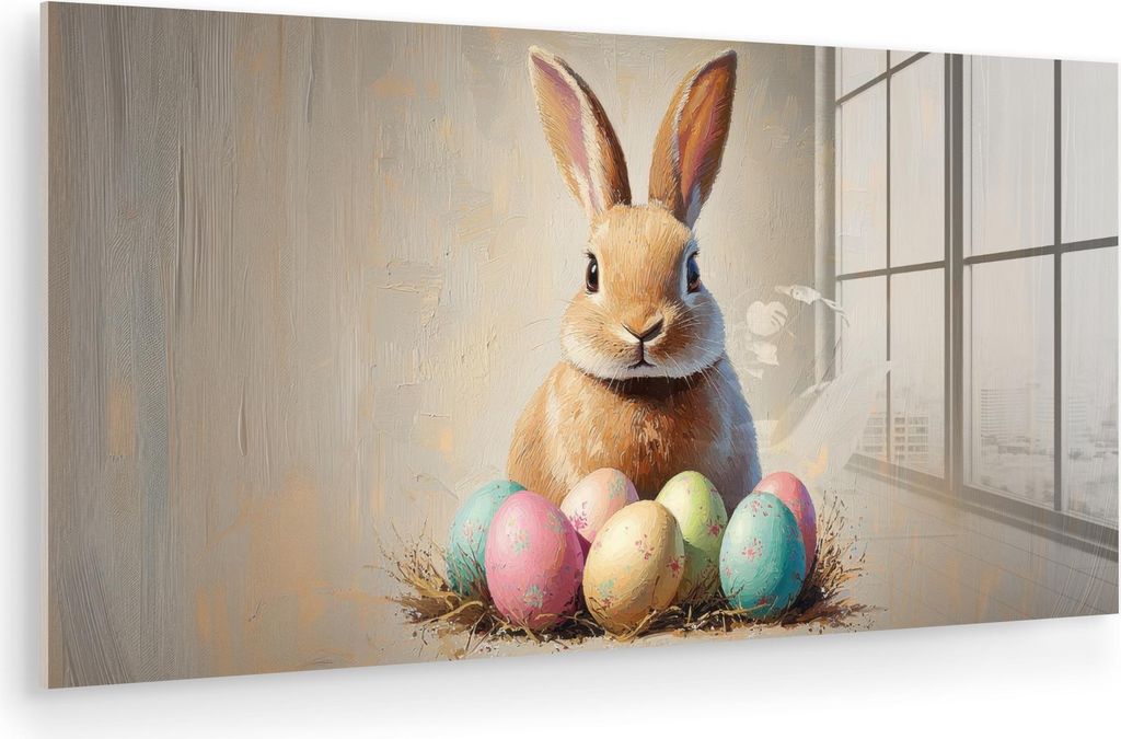 MuchoWow Glasbilder - Bilder auf Wandbild - Foto auf Glas Osterhase - Pastell - Eier 120x60 cm Wanddekoration aus Glas - Acrylglasbild - Acrylbilde...