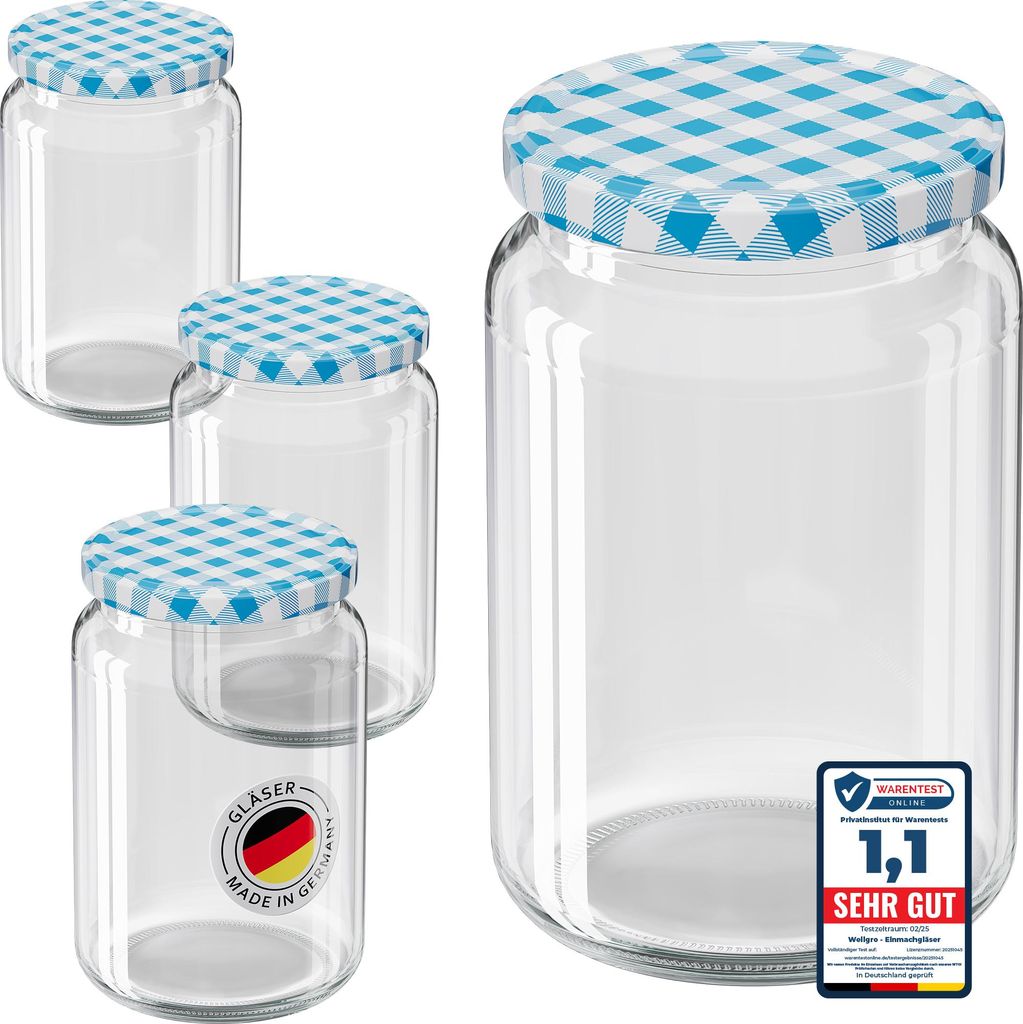 6x WELLGRO Einmachgläser 635ml – Schraubdeckel TO82 Rundglas