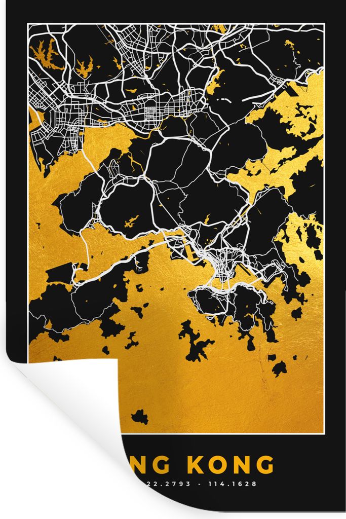 MuchoWow Wandtattoo Wandsticker Wandaufkleber Hongkong - Stadtplan - Gold - Karte 80x120 cm Selbstklebend und Repositionierbar - Repositionierbar...
