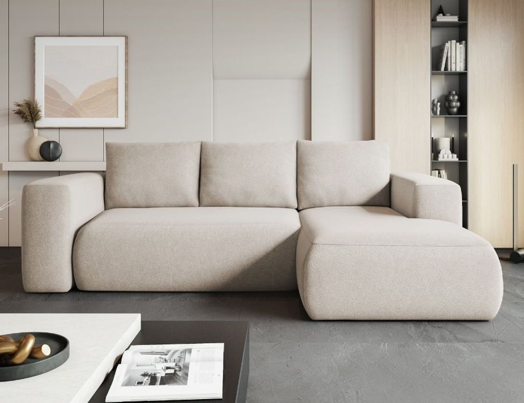 MODERNO Ecksofa mit Schlaffunktion und Bettkasten LAMBI, Milchig, Breite Rechts