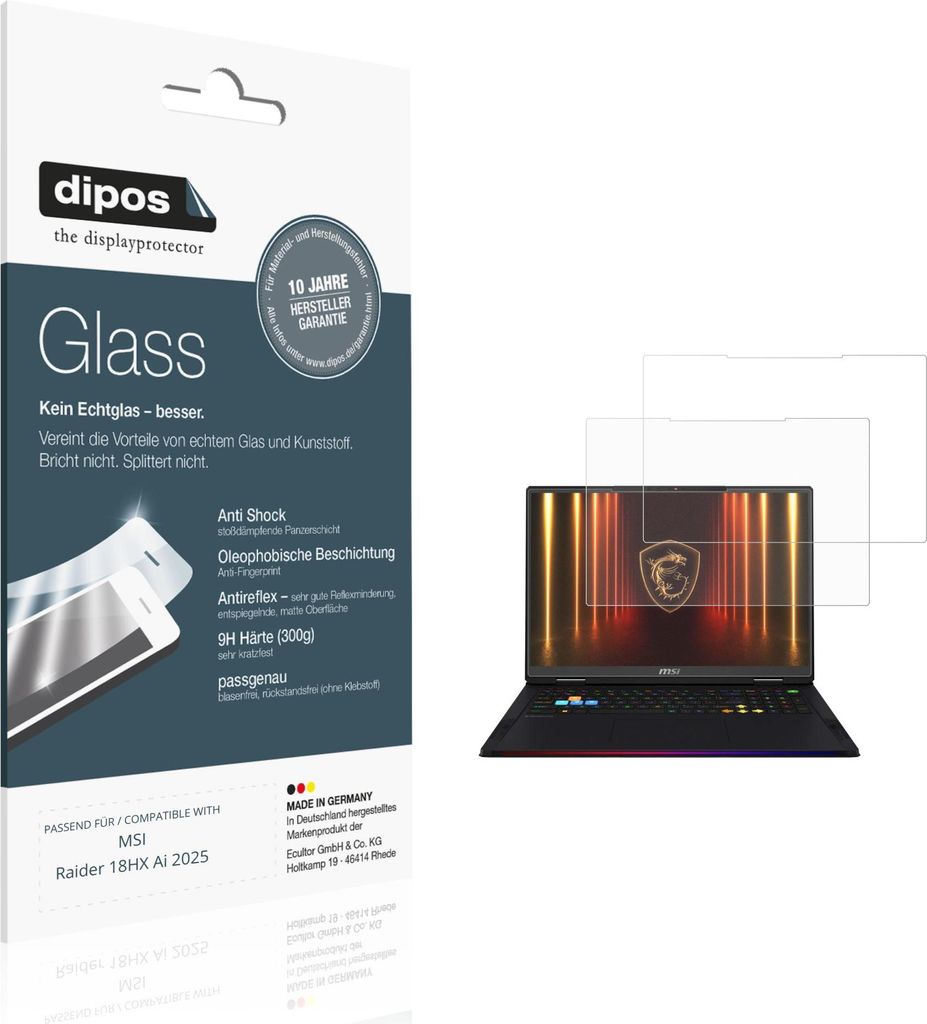 2x Schutzfolie für MSI Raider 18HX Ai 2025 matt - Anti-Shock 9H Folie dipos Glass Kunststoffglas