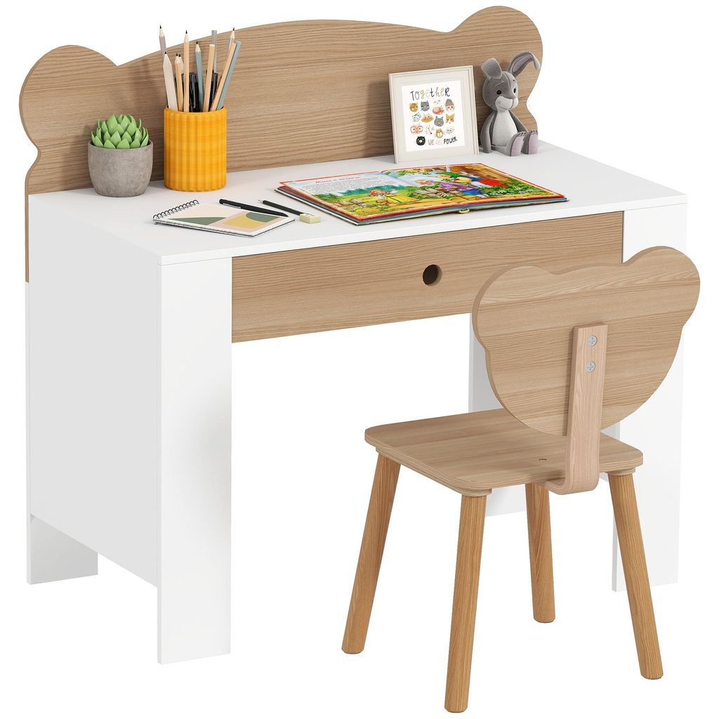 Kinder Schreibtisch-Set mit Stuhl, Bärenform Rückenlehne, Schülerschreibtisch mit Schublade, Naturholz | 80x41x74,5 cm | 3-8 Jahre | MDF & Kiefer