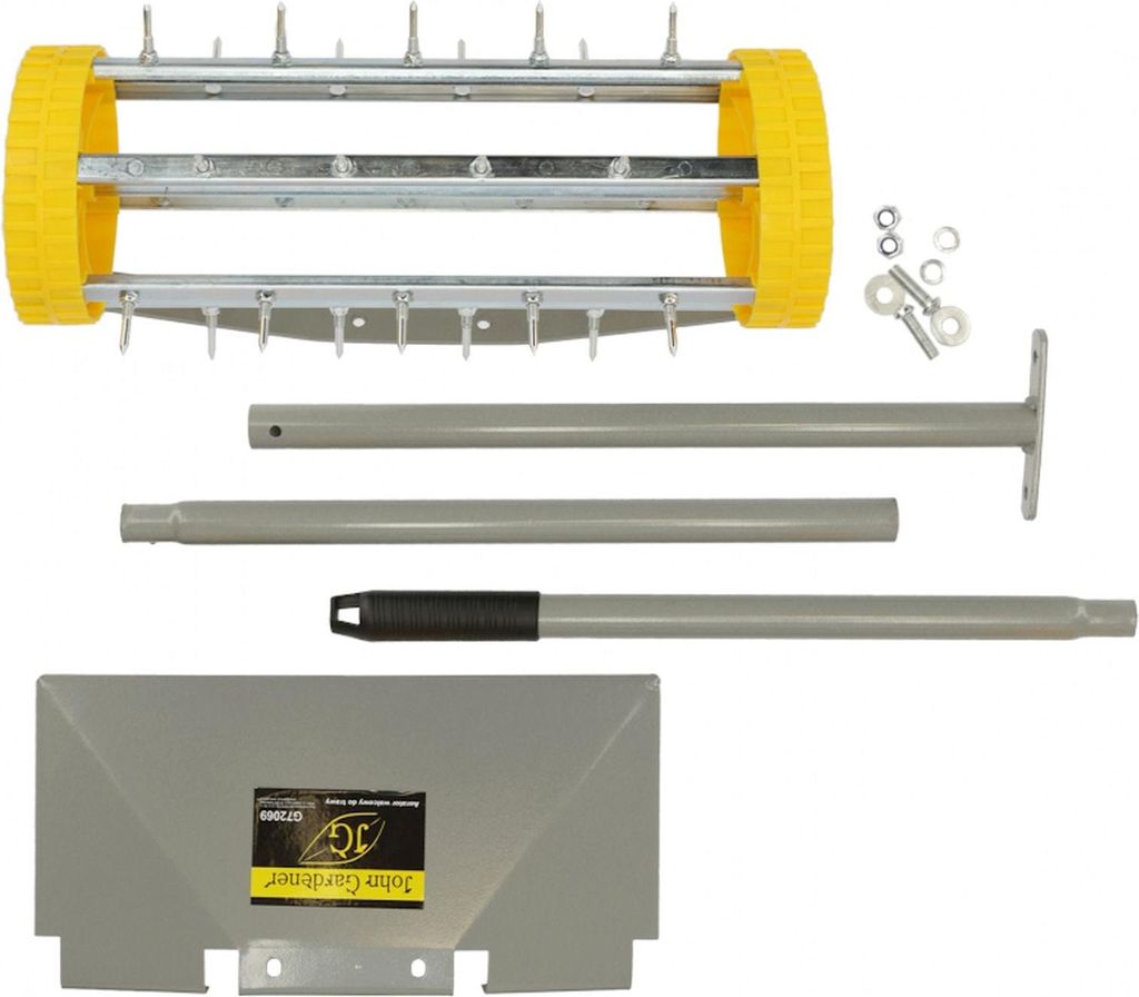A disassembled lawn aerator kit laid out on a white background.