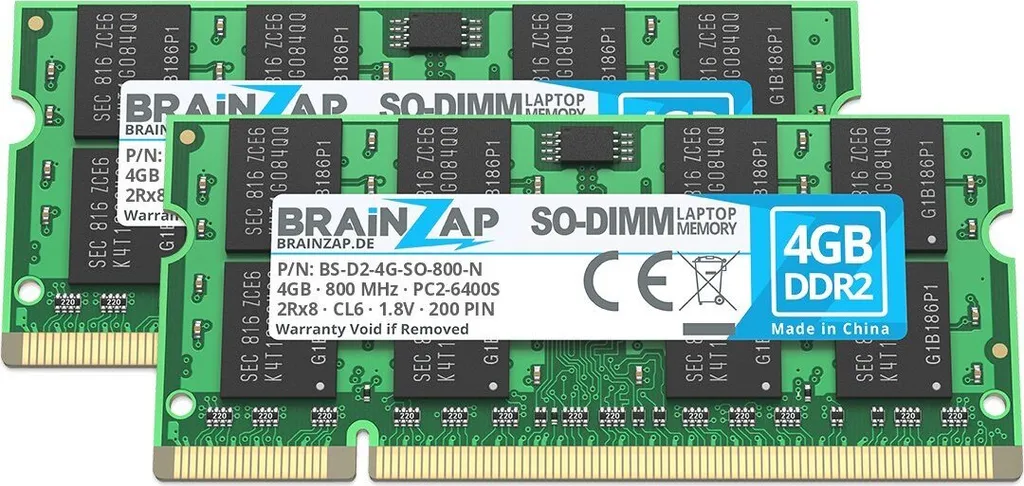 BRAINZAP 8GB DDR2 RAM 800 MHz | Kit 2x4GB PC2-6400S per Notebook