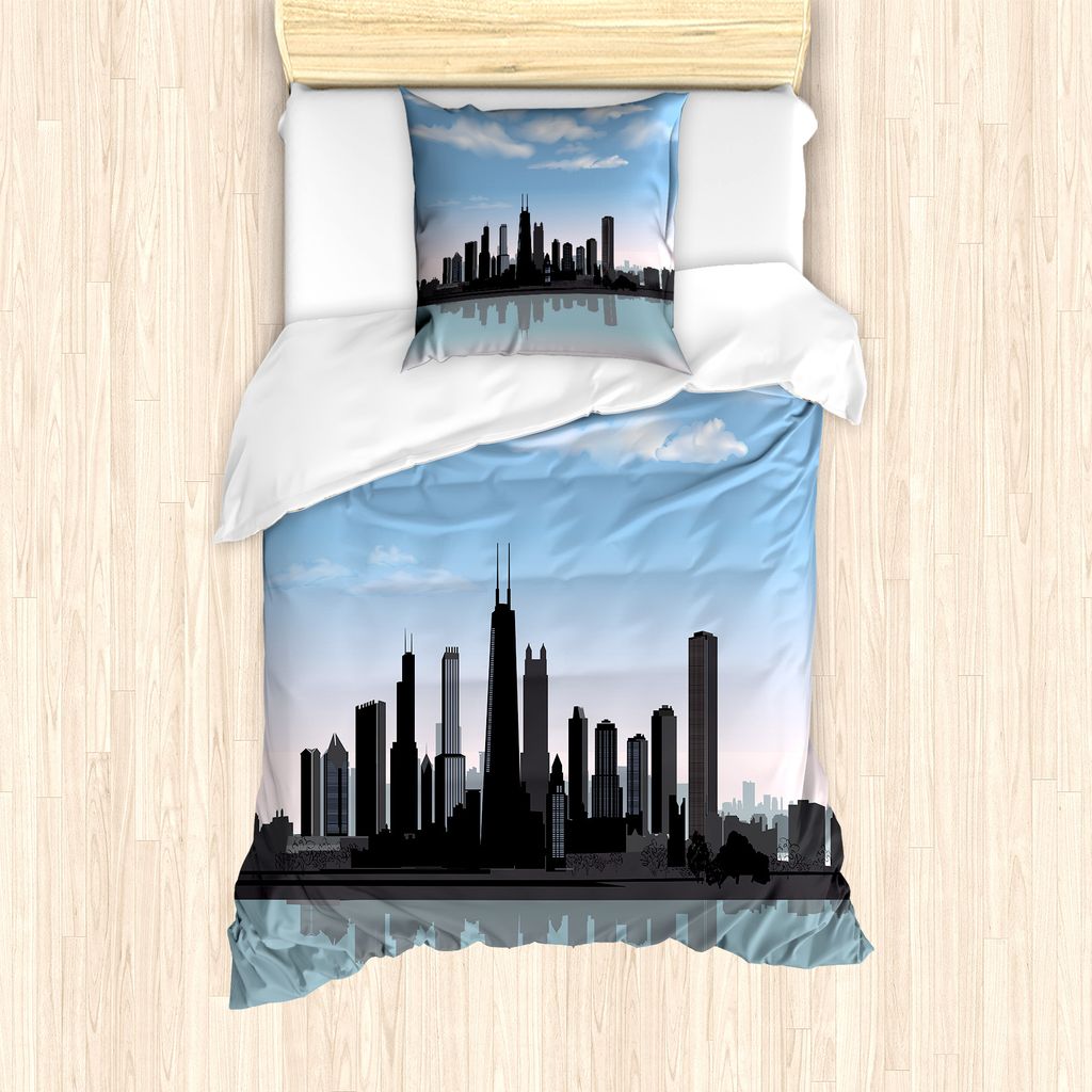 ABAKUHAUS Chicago Skyline Bettbezug Set für Einzelbetten, Missisippi River City, Milbensicher Allergiker geeignet mit Kissenbezug, 135 cm x 200 cm...