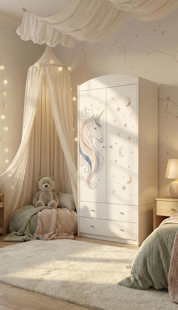 Kinderzimmer Schrank Weiß groß 88x187 cm Kinderschrank mit Schubladen und Stange Kleiderschrank modern, bunte Aufkleber