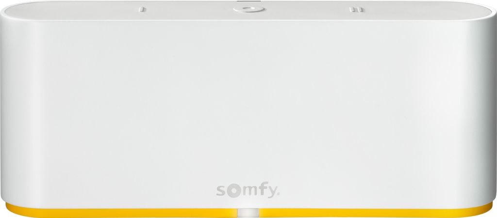 A white and yellow smart home hub.