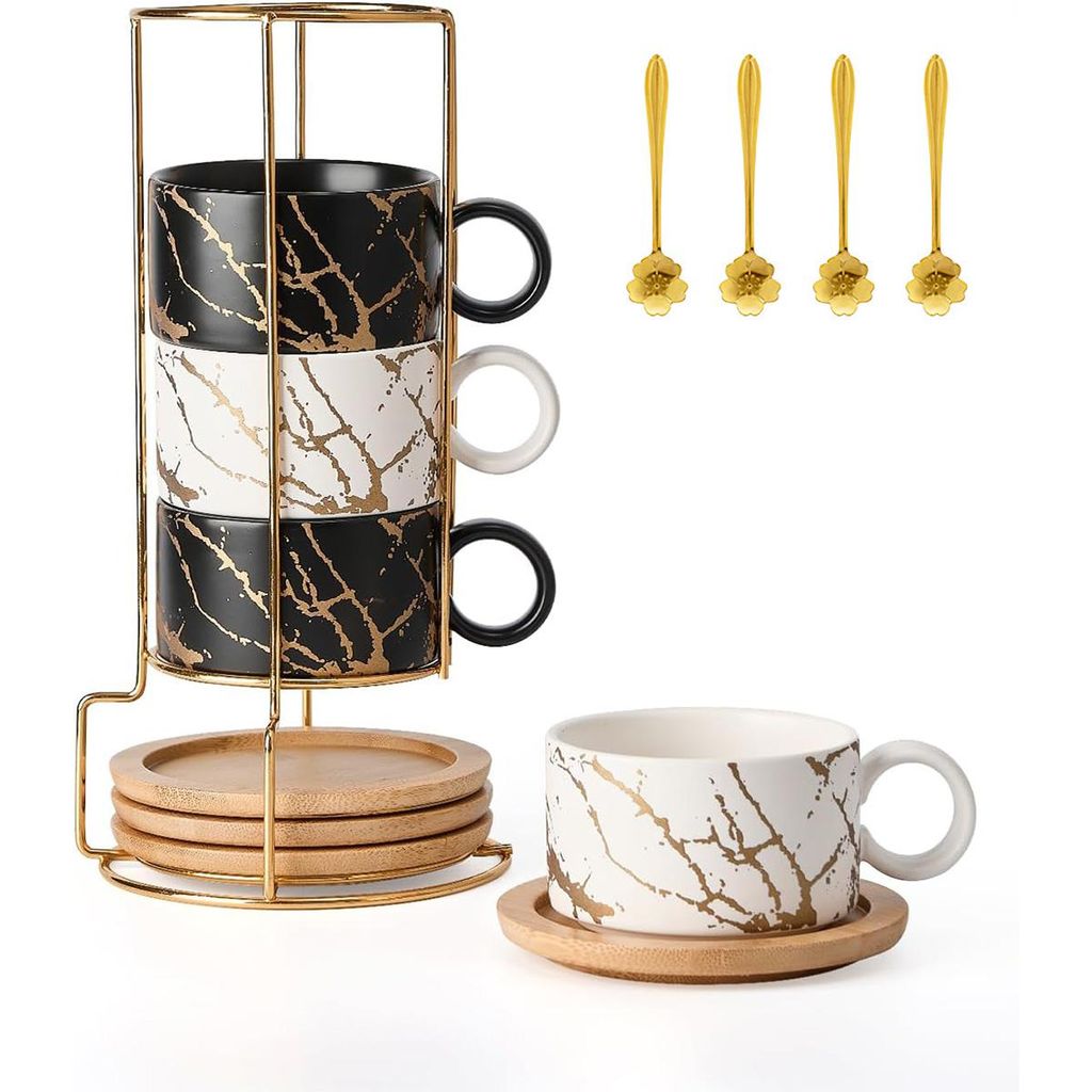 Espressotassen Set mit Goldhenkel und Bambusuntertasse,4er Set mit Metallständer, Porzellan, 7oz Espresso Tassen, Schwarz/Weiß