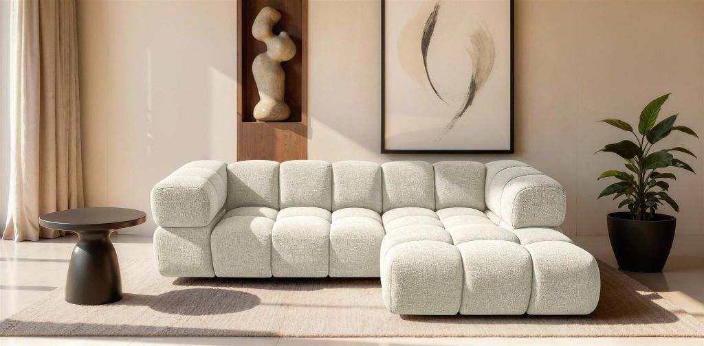 Ecksofa Designersofa BLANCHE in Stoff Puente Creme Ottomane Rechts