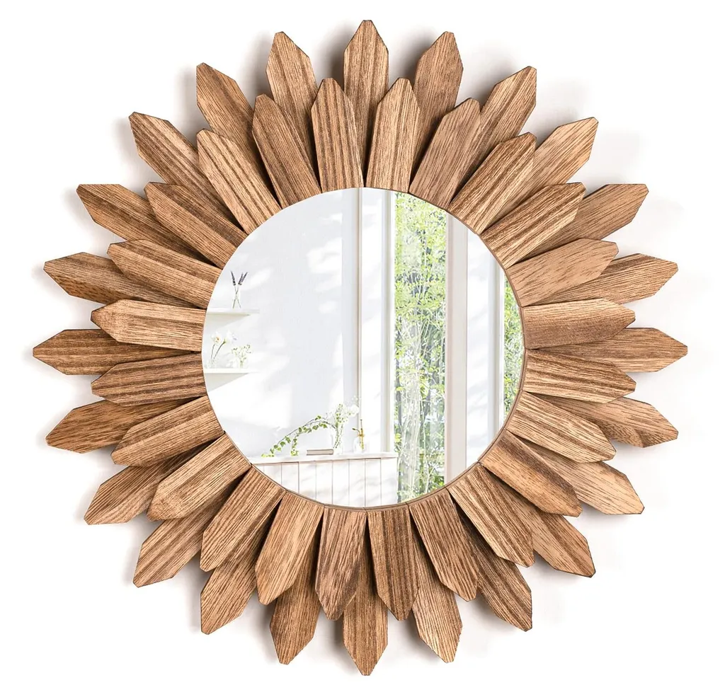 Miroir mural rustique bois 30 cm motif soleil bohème brun rouille