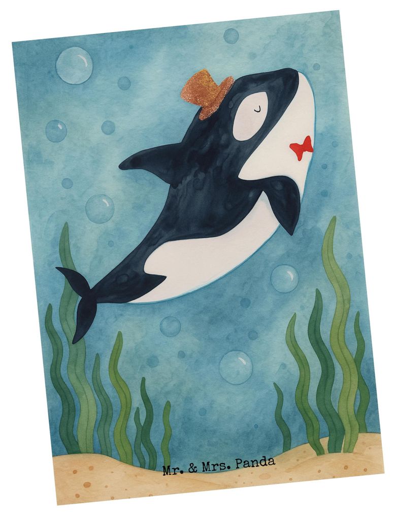 Mr. & Mrs. Panda Postkarte Orca Zylinder Design - Weiß - Geschenk, Grußkarte, bildkarte, Geburtstag, Narwal, Meer, einzelkarte, Konfetti, Fest, A...