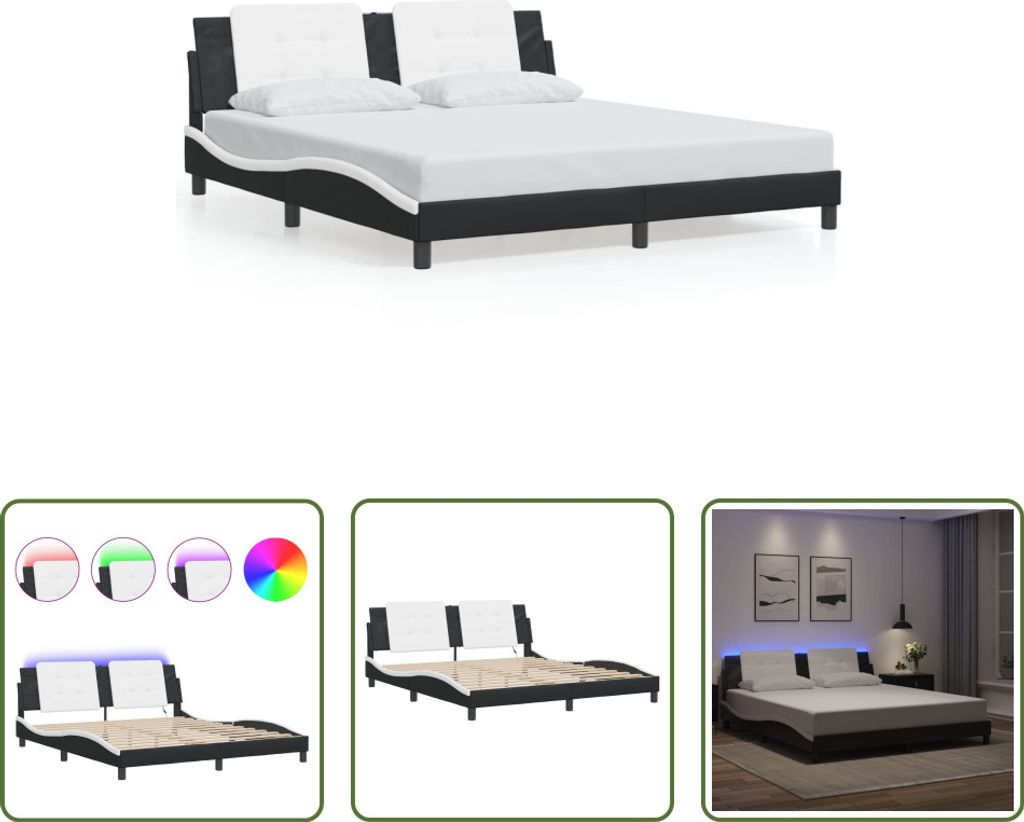 The Living Store Bettgestell mit LED Schwarz und Weiß 180x200 cm Kunstleder