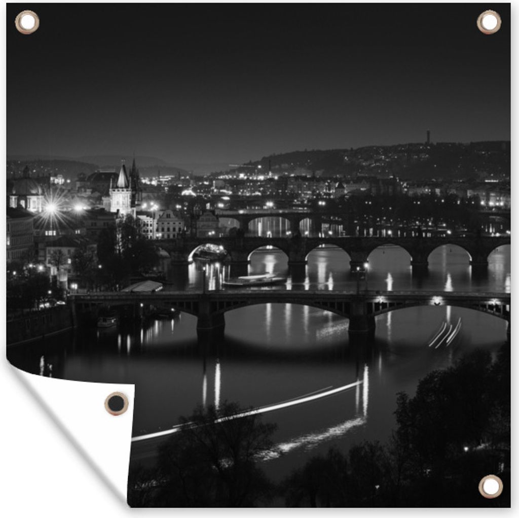 MuchoWow 100x100 cm Outdoor-Poster Gartendeko Sichtschutz Garten Poster für den Garten Prag - Nacht - Schwarz - Weiß