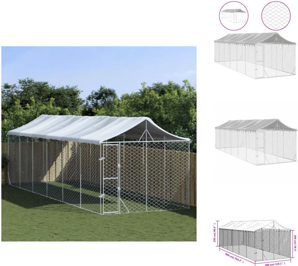 vidaXL Outdoor-Hundezwinger mit Dach Silbern 3x9x2,5m Verzinkter Stahl - Hundezwinger & -ausläufe