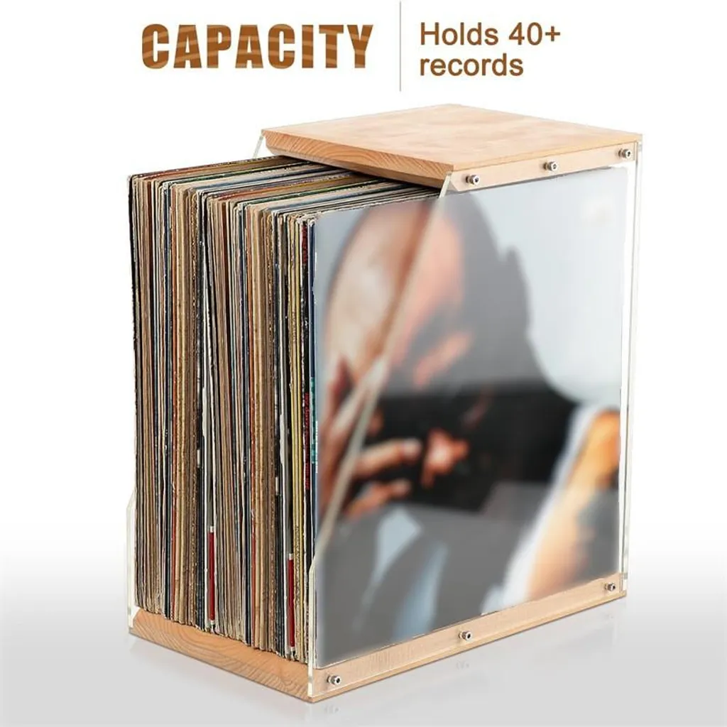 Rangement Vinyle Stable en Acrylique et Bois de Hêtre Finition Mate